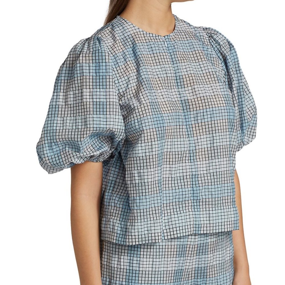 Ganni Puff Sleeve Seersucker Check Blouse